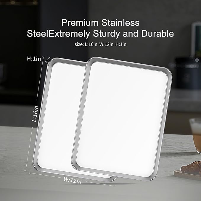 Stainless Steel Baking Sheet Set of 2-16" x 12" x 1" Heavy Duty Cookie Sheets for Baking, Rust & Warp Resistant Oven Tray, Non Toxic & Dishwasher Safe Baking Pans for Cooking, Roasting, Broiling