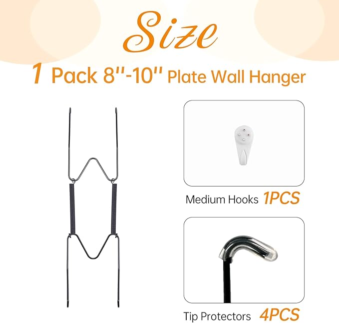 Plate Hangers for The Wall, Suitable for 8-10 inch Decorative Plate, Stainless Steel Wire Plate Holder with Wall Hooks and Rubber tip Protectors, Plate Hangers for Displaying Plates, Platter, Black