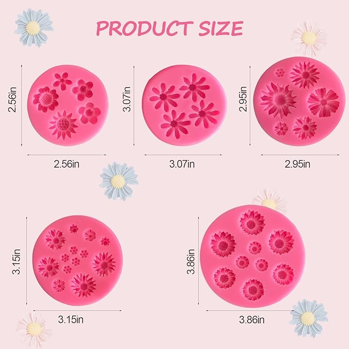 5Pcs Daisy Flower Molds Silicone Small Flower Chocolate Molds Sunflower Fondant Cake Candy Candle Resin Soap Ice Cube Mold for Baking