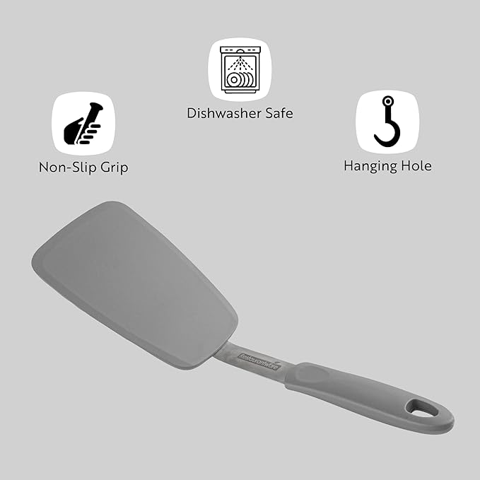 Comfy Grip 13.3 x 4 Inch Silicone Turner, 1 Durable Cooking Turner - Stainless Steel Body, Rubber Handle with Hole, Black Silicone Flipper Spatula, Tolerates up to 446F, Dishwashable - Restaurantware