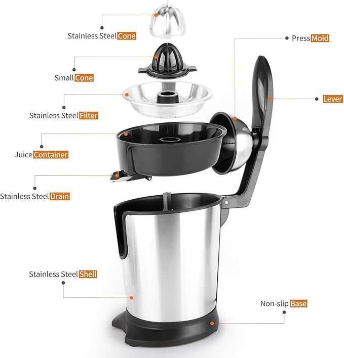 Electric Citrus Juicer, 350W 15000rpm Auto Off Dishwasher Stainless Steel Orange Juicer Ultra Powerful Motor Soft Handle Citrus Squeezer for Oranges, Lemons