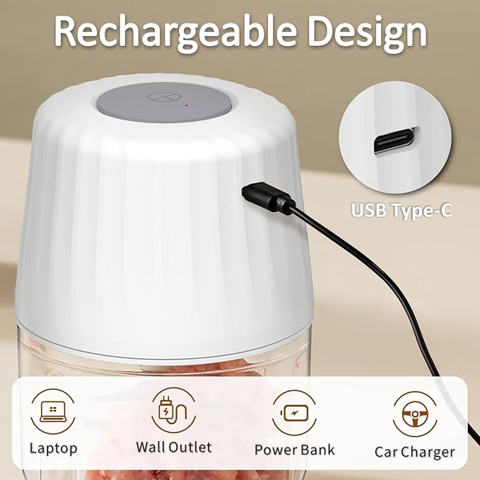 Mini Garlic Chopper, 250ml Small Food Processor Cordless 1 Cup, Battery USB-C Rechargeable Electric Food Chopper Wireless, Portable Garlic Grinder Masher,Veggie Meat Blender Mincer Kitchen Mixer,White