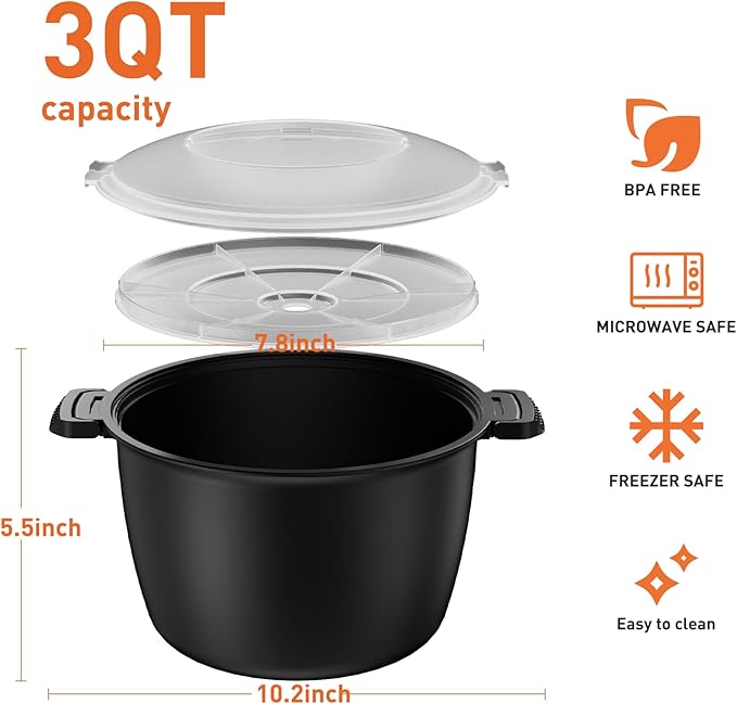 Microwave Rice Steamer Cooker, 3 Quart Microwave Vegetable Steamer, Microwave Steamers for rice, veggie, grains, and other starchy foods, BPA Free, Dishwasher Safe