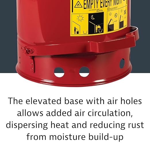 Justrite 21 Gallon Galvanized Steel Oily Waste Can, 23.5" x 18" Metal Oil Rag Safety Can with Quiet Foot Operated Self-Closing Lid for Oil Rag Disposal, Made in The USA, Red, 09708