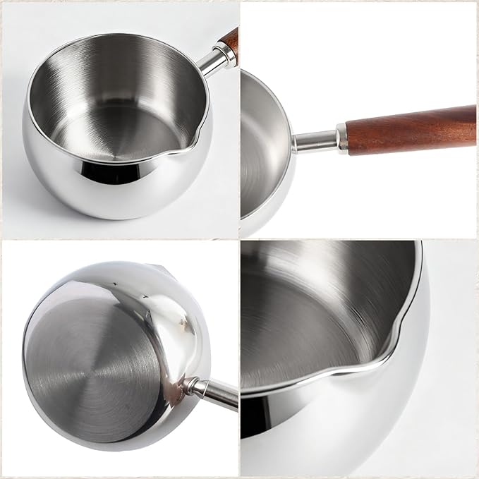 IMEEA 27oz Milk & Butter Warmer Pot SUS304 Stainless Steel Sauce Pot with Wooden Handle, 1–2 Servings for Heating Milk, Melting Butter & Small Sauces