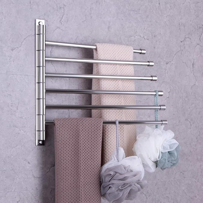 GERZWY Bathroom Swing Arm Towel Bars Wall Mount Bath Towel Rack with 6 Arms Hanger Towel Holder Organizer Polished Stainless Steel HYG06-JG
