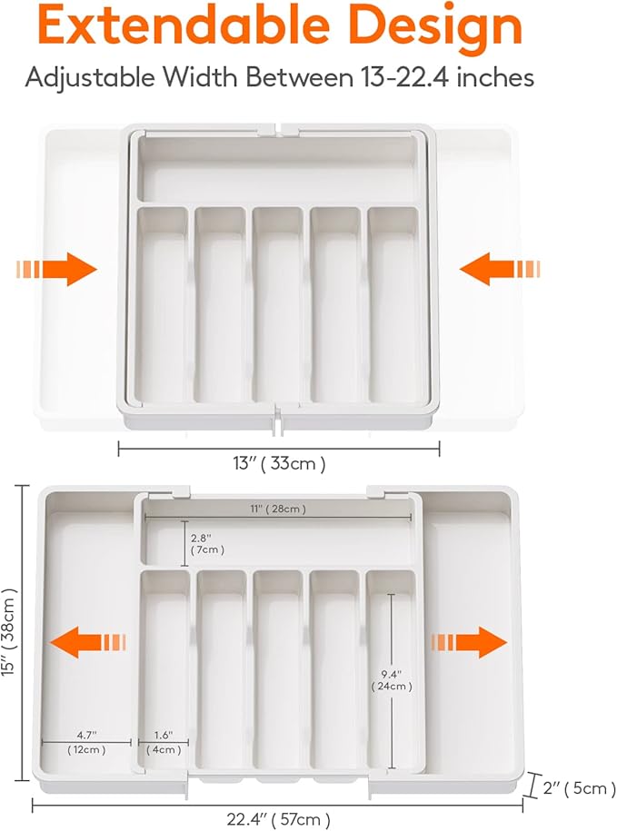 Lifewit Silverware Drawer Organizer, Expandable Cooking Utensil Tray, Adjustable Plastic Storage for Spoons Forks Knives, Large