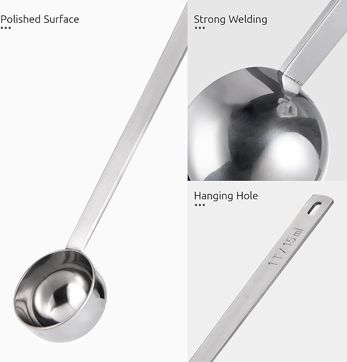 U-Taste Coffee Scoop 1&2 Tablespoon: 18/8 Stainless Steel Measuring Scooper for Ground Coffee, Bean, Powder, Espresso, 8.5in Long Handle Metal Meaure Spoon for Canister, Jar (1&2Tbsp/15&30ml, Silver)