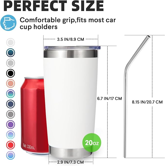 Volhoply 20oz Stainless Steel Tumbler with Lid and Straw Bulk 4 Pack,Double Wall Insulated Travel Iced Coffee Mug Fits Cup holder,Powder Coated Cups for Hot/Cold Drinks,Christmas Gifts（White,4 Set）