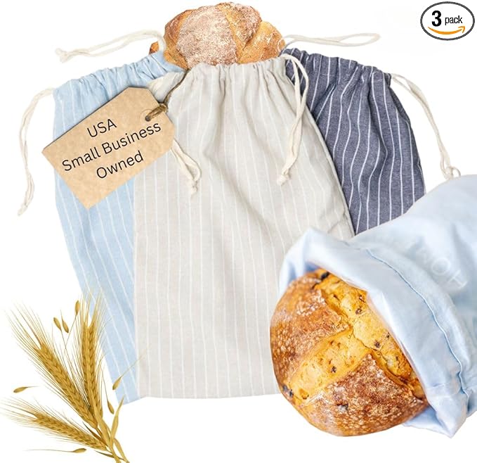 Reusable Bread Bags with Drawstring | XL Pack of 3 | Eco-Friendly Washable Linen Bread Bag & Spacious Sourdough Bread Storage | Bread Bags Reusable Keeps Your Loaf Fresh | Strips Design