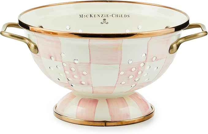 MACKENZIE-CHILDS Enamel Colander, Decorative Kitchen Strainer, Small, Pink-and-White Rosy Check