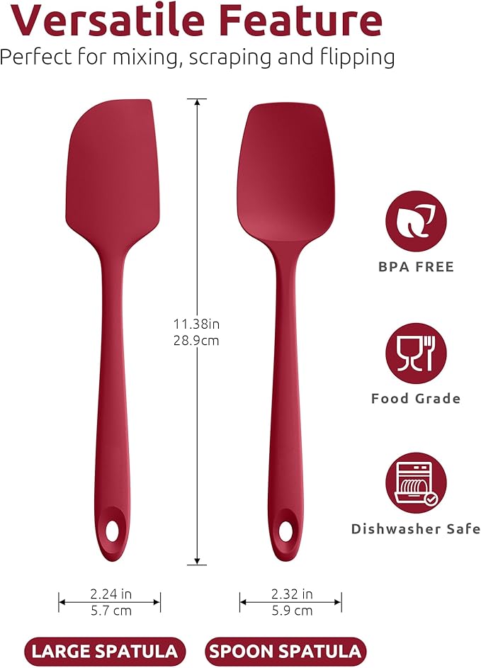U-Taste 18/8 Stainless Steel Measuring Cups and Spoons (Set of 10, Red), and 18/8 Stainless Steel 600ºF Heat Resistant 11.38in Flexible Non-Stick Spatula & Spoon Spatula (Red)