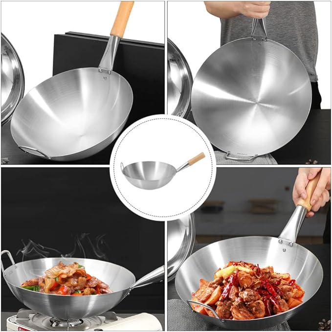 Wok Pan Stainless Steel Stir Fry Pans Wok Frying Wok Pan Induction Stove Wok with Wood Handle Cooking Skillet Cookware for Gas Induction or Electric Stove Wok