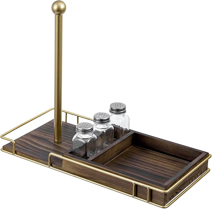 MyGift Rustic Kitchen and Dining Combo Caddy - Brown Wood and Brass Metal Paper Towel Roll Dispenser Stand, Napkin Holder, Spice Rack with 3 Shakers