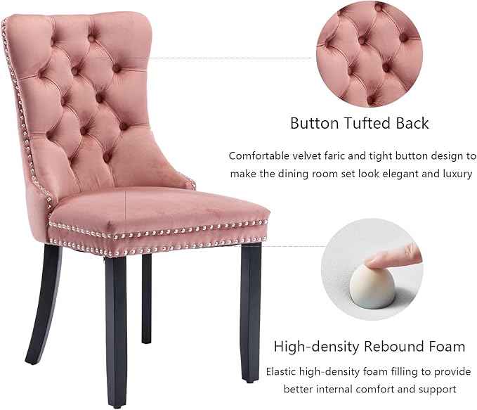 Pink Velvet Dining Chairs Set of 6, Upholstered Dining Room Chairs with Back Ring Pull Trim and Solid Wood Legs, Tufted Wingback Kitchen Chairs for Dining Room,Living Room,Kitchen(Pink)