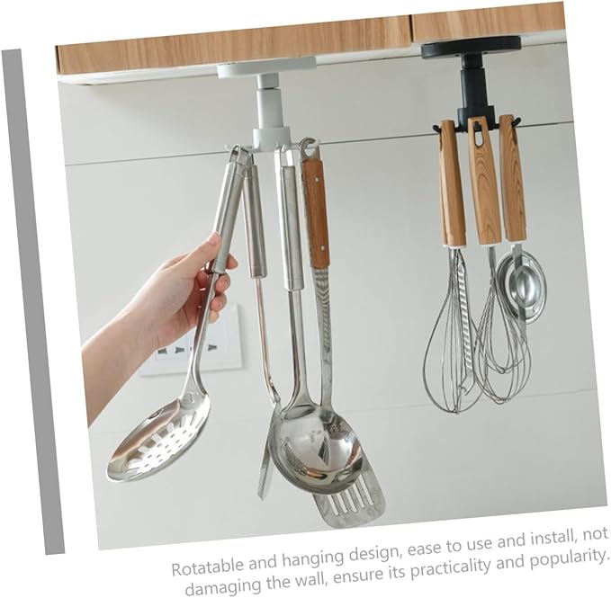 Luxshiny 3pcs Kitchen Utensil Hooks Wall Mount Rotating Storage Organizer Set Black Top Hanging Hooks for Kitchen Cabinets and Cooking Utensils