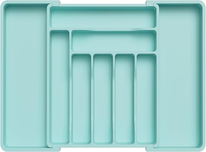 Lifewit Utensil Organizer for Kitchen Drawer, Expandable Cooking Silverware Tray, Adjustable Cutlery Flatware Holder, Plastic Spatula Tools Storage Divider, 13-22.4 x 15", Turquoise