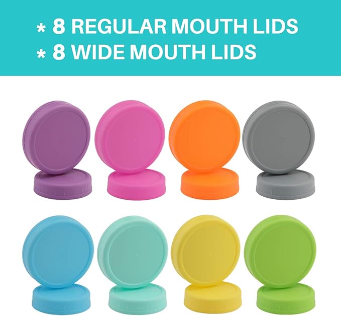 AOZITA [16 Pack] Colored Plastic Mason Jar Lids Fits Ball, Kerr & More - 8 Wide Mouth & 8 Regular Mouth - Storage Caps for Canning Jars, Dishwasher Safe & Food Grade & Leakproof