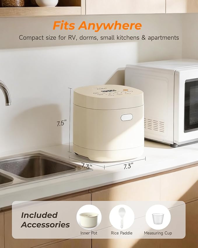 Feekaa Rice Cooker Small, 3-Cup Uncooked / 6-Cup Cooked, Compact Mini Rice Cooker Small Kitchen with Ceramic Coated Inner Pot, Rice Maker with 6 Menu Options, Low Temperature Cooking, 12H Delay Timer