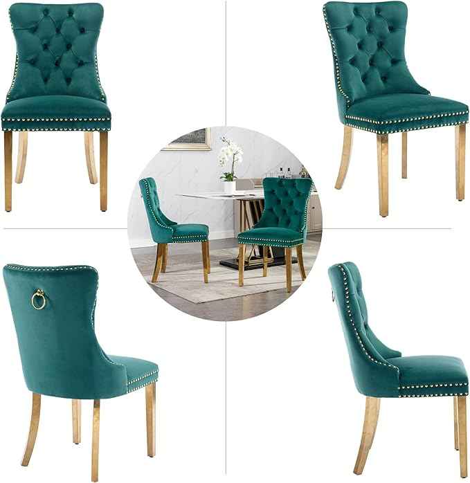 Velvet Dining Chairs Set of 2, Upholstered Dining Room Chairs with Back Ring Pull Trim and Golden Stainless Steel Legs,Tufted Wingback Chair Perfect for Dining Room,Living Room,Kitchen(Green)
