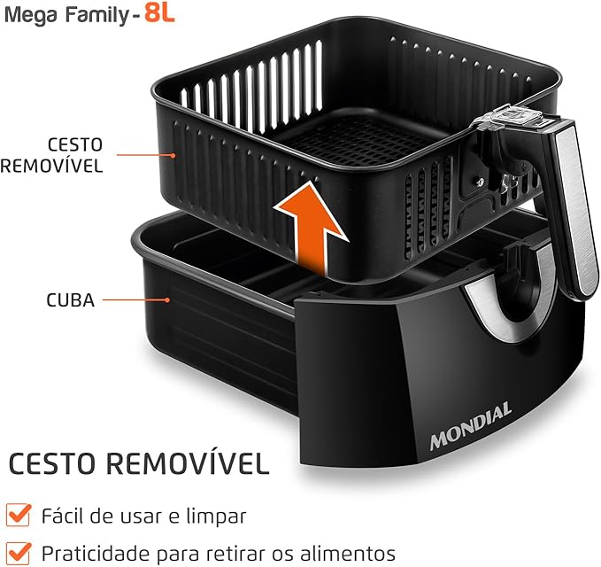 Fritadeira Sem Óleo Air Fryer 8L, Mondial, Preto/Inox, 1900W, 220V - AFN-80-BI
