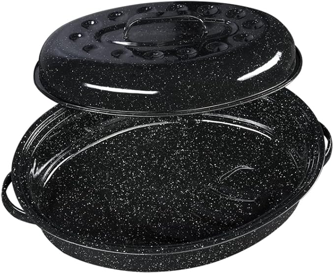 Granite Ware 15-Inch Covered Oval Roaster, 10 Lb Capacity - Enamel Steel Cookware, Dishwasher Safe & PFOA-Free, Even Heat Distribution for Roasting Poultry, Meat, or Vegetables (Speckled Black)