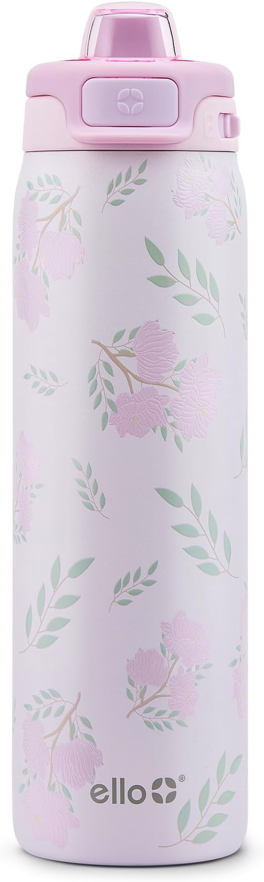 Ello Pop & Fill 22oz Stainless Steel Water Bottle with QuickFill Technology, Double Walled and Vacuum Insulated Metal, Leak Proof Locking Lid, Straw and Chug, Reusable, BPA Free, Blossom Bliss