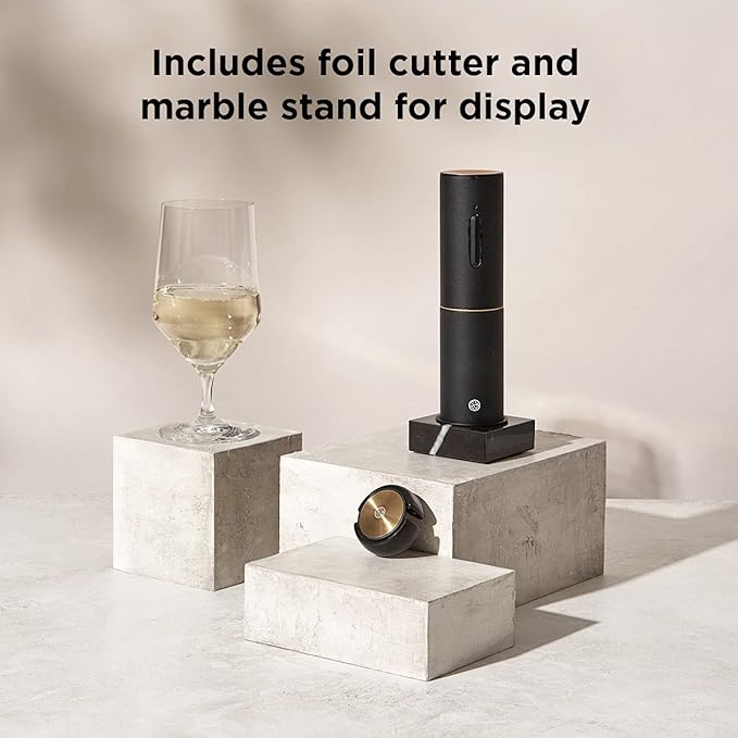 RBT Electric Corkscrew Wine Opener with Foil Cutter and Marble Charging Base, Black