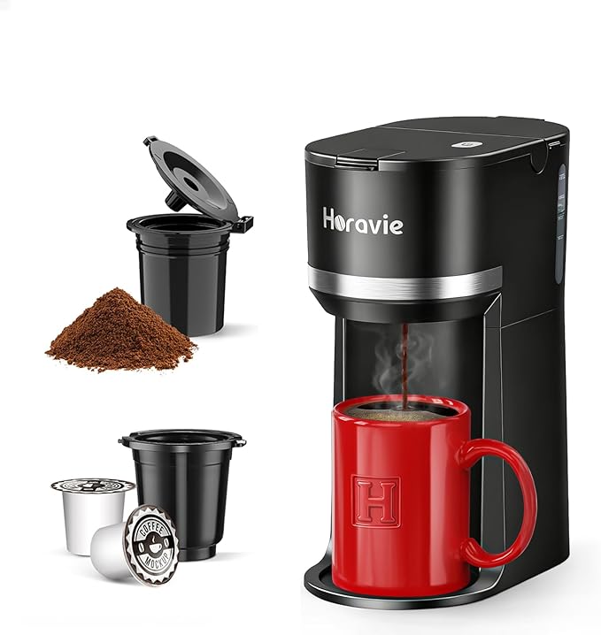Horavie Mini Single Serve Coffee Maker for K Cup and Ground Coffee, Fast Brew One Cup Coffee Machine with Descaling Reminder and Water Window, 6 to 12 oz. Brew Sizes, Black