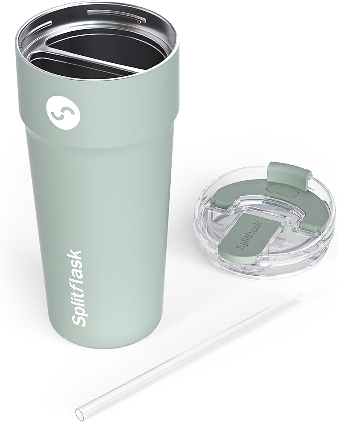 Splitflask 2-in-1 Dual Chamber Tumbler 30oz Hot & Cold Insulated Cup with Straw & Sip Lid, Leak Resistant Stainless Steel Travel Mug for Coffee, Water, Moms, Gym, Work, Car Cup Holder BPA-Free