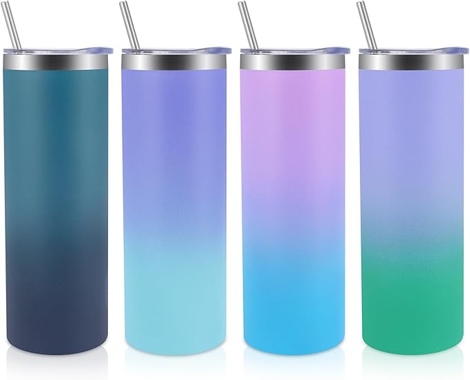 Volhoply 4 Pack Skinny Tumblers with Lid and Straw, 20oz Stainless Steel Straight Tumbler Bulk, Vacuum Insulated Coffee Mug for Home, Office, Travel, DIY (Mix Color,4 Pack)