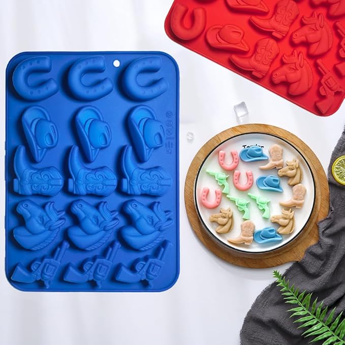 2Pcs Cowboy Chocolate Candy Molds - Cowboy Hat Boot, Horse Saddle Shape Silicone Candy Molds Western Themed Party Baking Mold Jello Ice Cube Candle Mold for Cupcake Cakesicle Decorations