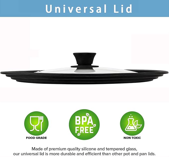 Universal Lid for Pots, Pans and Skillets - Tempered Glass with Heat Resistant Silicone Rim and Heat Resistant Handle Fits 6.5", 7" and 8" Diameter Cookware, Black