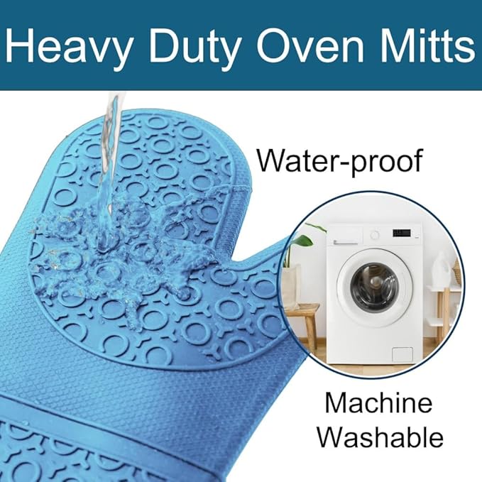 Extra Long High Temp Oven Mitts - 2pcs Commercial, Heavy Duty Non-Slip Grip Mitts - Silicone Heat Resistant Up to 500 Degrees, Ideal for Cooking, Baking & Frying, Blue