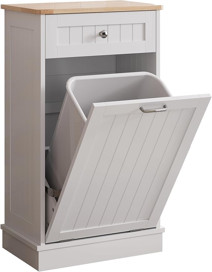 KIGOTY Tilt Out Trash Cabinet,Wooden Kitchen Trash Bin Holder Garbage Bin Recycling Cabinet Laundry Hamper with Solid Wood Countertop and Hideaway Drawer (White)
