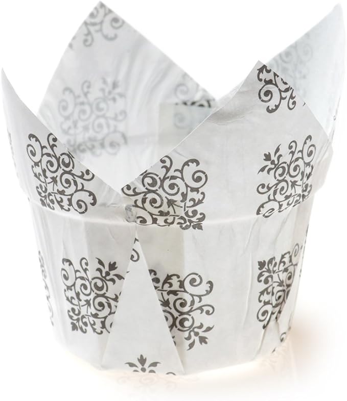 Restaurantware Panificio 1.2 Ounce Baking Cups 200 Tulip Cupcake Liners - Oven-Ready Freezable Black And White Paper Muffin Cases Disposable Vintage Floral For Wedding Parties Baby Showers