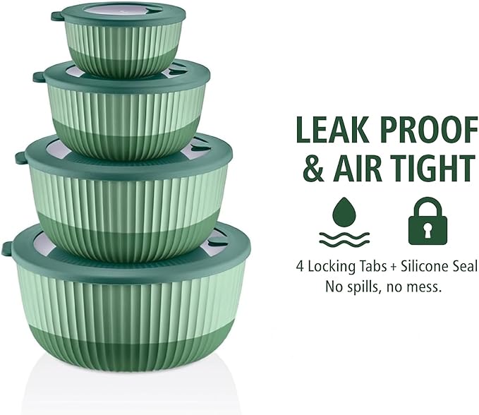 Mixing Bowls with Lids, 8-Piece Airtight Leak-Proof Nesting BPA-Free Bowl Set for Kitchen & Food Storage, Large 4200ml Capacity, Microwave & Dishwasher Safe
