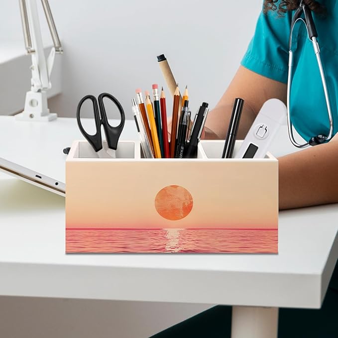 Minimalist Ocean Sunset Wooden Utensils Holder, Pink and Orange Abstract Coastal Nature Seascape Wood Cooking Utensil Holder Organizer for Kitchen Countertop Counter Decor Accessories