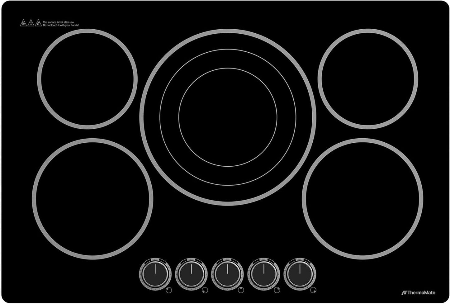 ThermoMate 30 Inch Electric Cooktop, 5 Burners Knob Control Built-in Ceramic Cooktop, 30" Radiant Electric Stove Top of 9000W with 9 Heat Levels, Hot Surface Indicator, 220-240v, Hard Wired