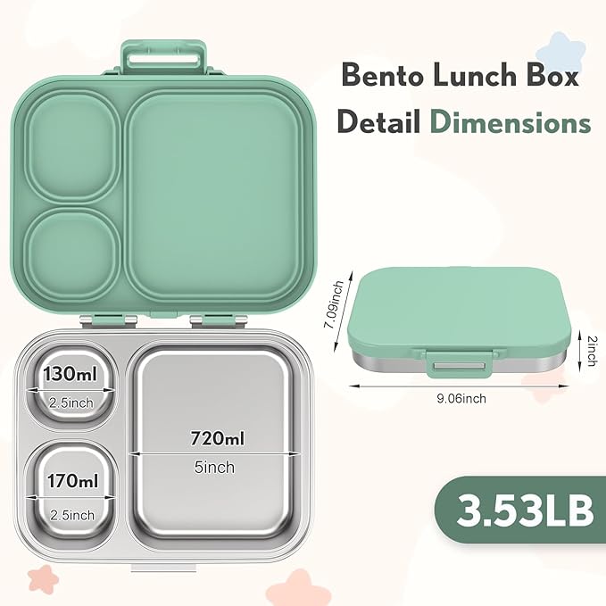 Howeemo Stainless Steel Bento Box Kids, Leak Proof Metal Bento Lunch Box,3 Compartments 304 Stainless Steel Bento Lunch Containers for School and Office, BPA-Free(Green)
