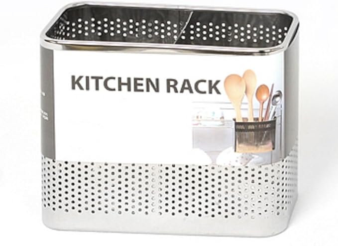 Kitchen Utensils Chopsticks Holder Stainless Steel Perforated Drying Rack Basket with Hooks 2 Divided Compartments Large