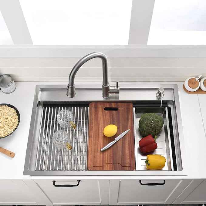 33 Inch Drop In Kitchen Sink Workstation - VOKIM 33X22 Inch Drop In sink Stainless Steel Splash Guard 16 Gauge 10'' Deep Single Bowl Handmade Topmount Sink with Cutting Board& Strainer