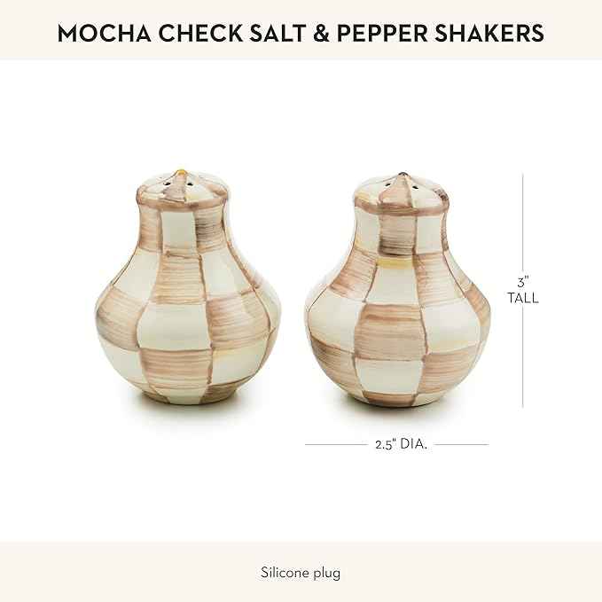 MACKENZIE-CHILDS Enamel Salt and Pepper Shakers, Kitchen Table Spice Shaker Set, Brown-and-White Mocha Check, Small