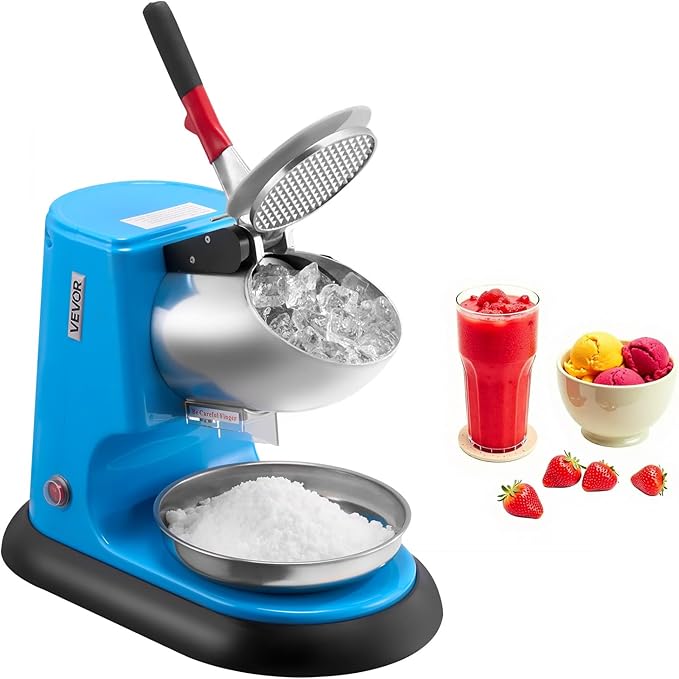 VEVOR Ice Crusher Machine, 220lbs Per Hour Electric 4 Blades Snow Cone Maker, Stainless Steel Shaved Ice Machine with Bowl and Cover, 300W 1400RPM Ice-Shaver for Home and Commercial Use, Blue