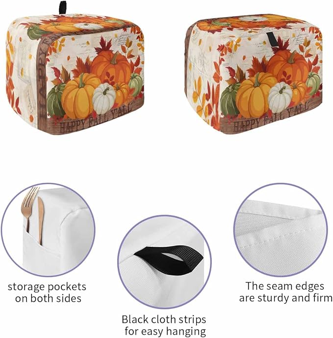 Orange Pumpkins Fall Toaster Cover 4 Slice, Thanksgiving Maple Leaf Dustproof Bakeware Oven Protector with Top Hook, Autumn Retro Waterproof Small Kitchen Appliance Toasters Dust Cover, 12"x11"x8"
