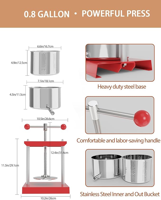 EJWOX 0.8 Gallon Manual Press - Stainless Steel Fruit & Vegetable Squeezer with Filter Bag - Upgraded 3L Capacity for Honey, Cheese, & Plant Infusions - Home Batch Soft Fruit Juicer & Herb Press