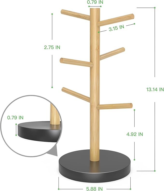 Wisuce Bamboo Mug Holder Tree, Thicker Base Coffee Cup Holder Stand for Counter, Mug Rack with 6 Hooks
