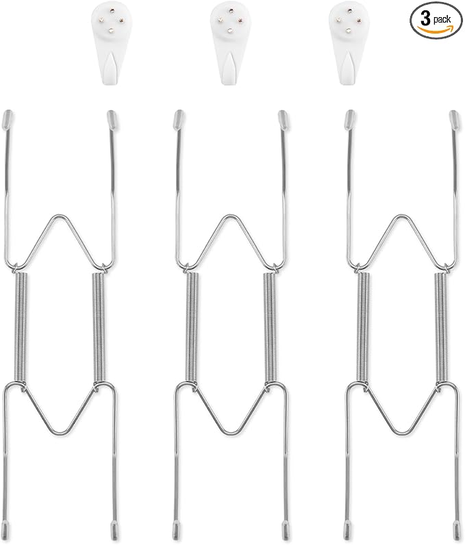 3 Pack Plate Hangers for The Wall, Suitable for 8-10 inch Art Plate, Stainless Steel Invisible Heavy Duty Wire Plate Holder with Wall Hooks, Plate Hangers for Displaying Plates, Platter, Dish, Silver
