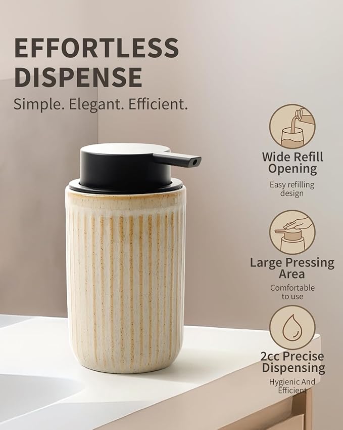 BosilunLife Dish Hand Soap Dispenser - Liquid Pump Soap Dispenser for Bathroom Deco 12oz Ceramic Kitchen Dish Dispenser with Rust-Proof Liquid Pump Modern Refillable Lotion Bottles, Greige