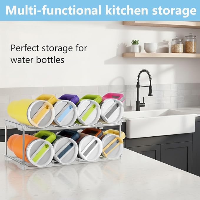 Stackable Water Bottle Organizer for Stanley 40 oz Tumbler, Larger Water Bottle Holder for Kitchen Cabinet, Pantry Organizers and Storage for Stanley Cup and Tumbler Organizer, Hold 8 Bottles
